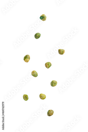 Salted green peas falling isolated on white background with clipping path.