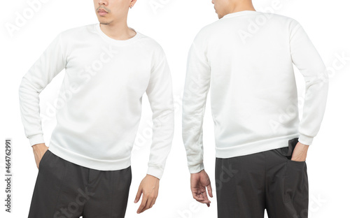 Young man in white sweatshirt mockup front and back used as design template, isolated on white background with clipping path.
