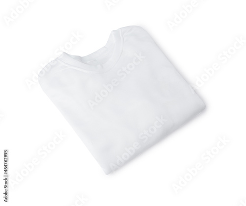 White folded sweatshirt mockup used as design template, isolated on white background with clipping path.