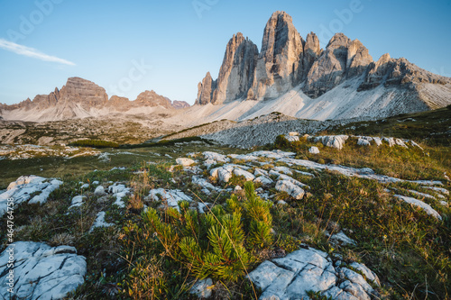 The Tre Cime di Lavaredo and stony plateau in the Sexten Dolomites of northeastern Italy