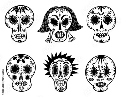 White sugar skulls vector set. Hand-drawn illustration isolated on white background. A sketch of holiday masks for the day of the dead. Male, female faces with a pattern. Outlining the bones