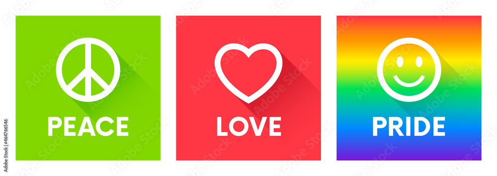 Peace Love Pride - symbol logo design. Gay pride quotes.