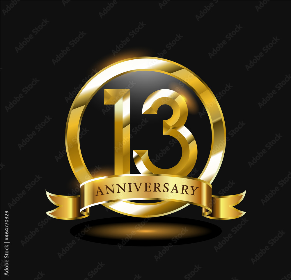 13 year anniversary celebration logo design with golden circle, vector illustration 13 year anniversary celebration logo design with golden circle, vector illustration