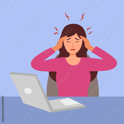 Young woman having painful headache concept vector illustration. Migraine health problem flat design. Stressful at work. Office syndrome.