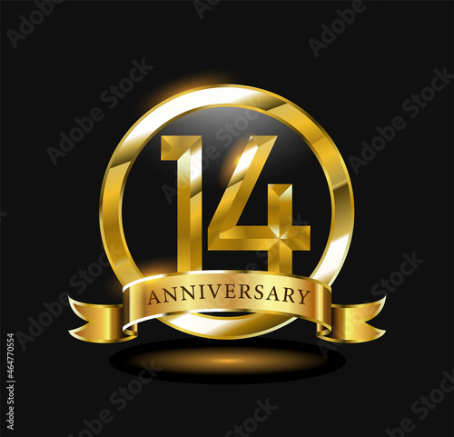 14 year anniversary celebration logo design with golden circle, vector illustration