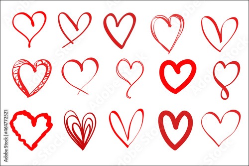 Heart vector set hand drawing. Red heart shape doodle art sketch style, love icon symbol vector illustration graphic design for valentine, wedding romantic decoration celebration, isolated

