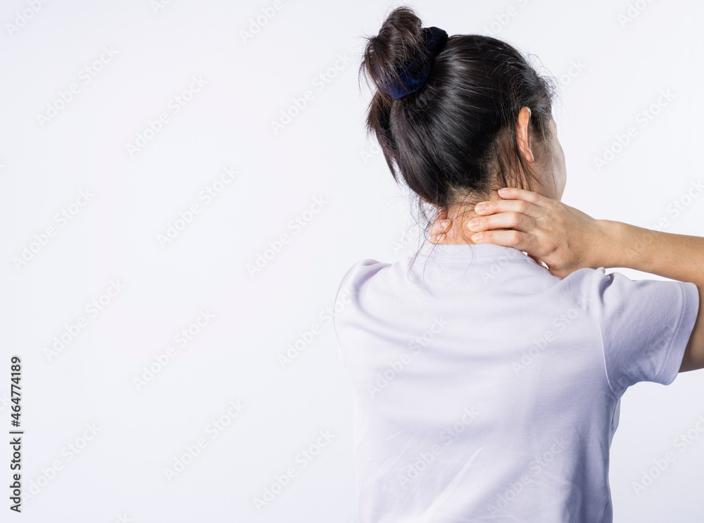 Fototapeta premium the person or young Asian woman with neck pain or joint pain isolated on a white background