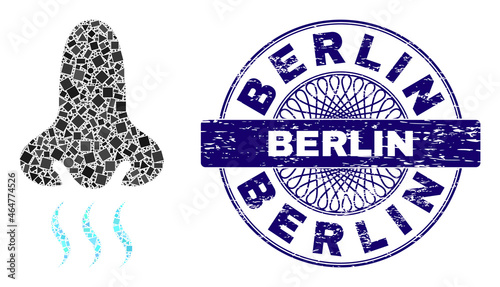 Geometric collage snuff, and Berlin corroded stamp seal. Violet stamp includes Berlin title inside round shape. Vector snuff collage is done of randomized round, triangle, square items.