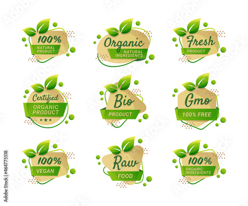 Organic food label bio natural product collection. Element for tag, signs, symbol, icon, illustration, web design, apps, software, infographic, poster, advertising, packaging, etc. Premium vector icon