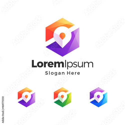 Box pin map gradient color logo. Box and pin concept. Branding for media, agency, apps, software, gps, map, website, travel, etc. Premium vector logo template design