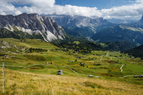 Hiking path and epic landscape of Seceda peak in Dolomites Alps  Odle mountain range  South Tyrol  Italy  Europe