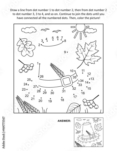 Thanksgiving Day holiday themed dot-to-dot, or connect the dots, else join the dots, picture puzzle and coloring page wth pilgrim hat hidden picture. Answer included.
