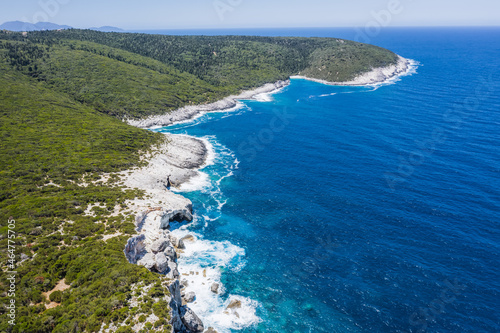 Aerial view of rocky coastline near Dafnoudi beach in Kefalonia, Greece