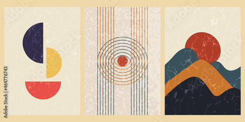 Set of abstract contemporary mid century posters with geometric shapes and texture. Design for wallpaper, background, wall decor, cover, print, card. Modern boho minimalist art. Vector illustration.