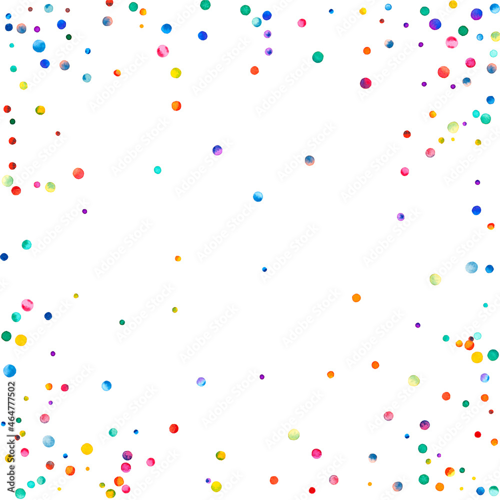 Watercolor confetti on white background. Admirable rainbow colored dots. Happy celebration square colorful bright card. Impressive hand painted confetti.
