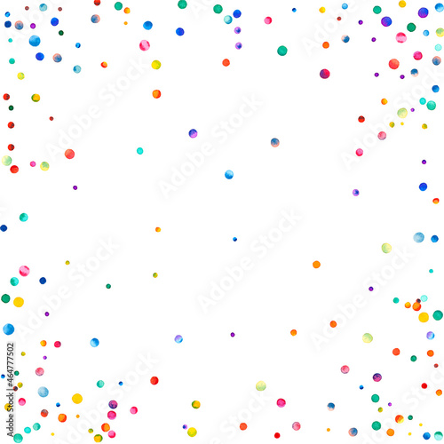 Watercolor confetti on white background. Admirable rainbow colored dots. Happy celebration square colorful bright card. Impressive hand painted confetti.