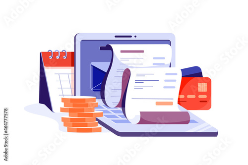 Online digital invoice with bills on laptop