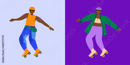Illustration set of young person roller skating day and night