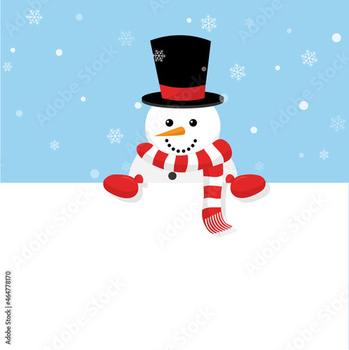 snowman in winter of poster with copyspace for text. merry christmas greeting portcard. concept winter season on snowy landscape background. vector illustration in flat design. photo