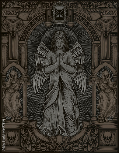 illustration angel praying with vintage engraving frame