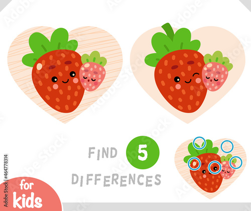 Find differences educational game, Cartoon characters two strawberries