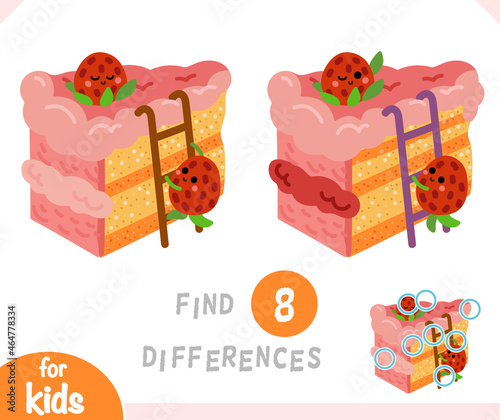Find differences educational game, Cartoon illustration cake and strawberries