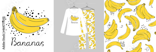 Seamless pattern and illustrations for children, girls, women with bananas on a white background. Cute, ladies, designer pajamas.