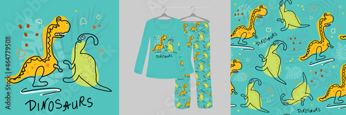 Dino. Cute dinosaurs, cartoon animals on a blue background. Seamless pattern for girls, boys, children. Children's Pajamas. Vector illustration. Typography of clothes, shirts, t-shirts. Hand-drawn.