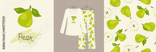 Seamless pattern and illustrations for children, girls, women with green pear on a white background. Cute, ladies, designer pajamas.