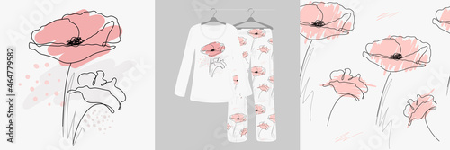 Poppies flower continuous line drawing on white background. Seamless pattern for children, girls, women. Women's, designer pajamas.