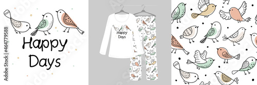 Doodle birds, flowers, cartoon animals. Happy Days. Seamless, colorful background for children. Women's, children's designer pajamas.