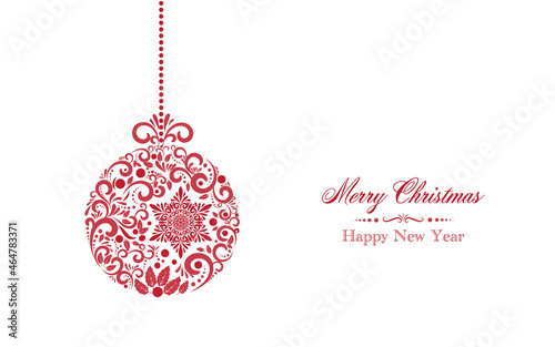 Free hand drawing of single red Christmas bauble or ball, hanging-thing ornament, isolated on while background vector illustration. Christmas and New Year Greeing card.