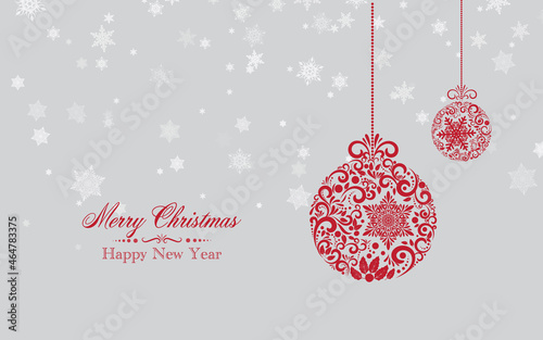 Free hand drawing of red Christmas Baubles or balls, hanging-thing ornament, with white snowflakes on light grey background vector illustration. Christmas and New Year Greeing card.