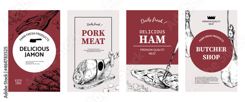 Jamon posters. Hand drawn restaurant menu cover with Spanish pork legs and slices. Italian parma and prosciutto pieces. Delicious ham. Vector butcher shop banners set with meat sketches