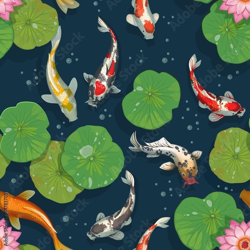 Koi fish pattern. Golden carps seamless texture. Oriental traditional background template with water lily and Japanese goldfish. Underwater animals swimming in pond. Vector Chinese print