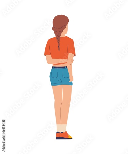 Cartoon girl standing with her back. Young woman in casual jeans shorts and T-shirt. Isolated teenager holding hands behind. Female character admiring looking forward. Vector person posing