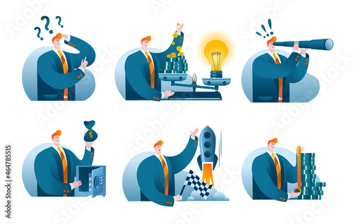 A man in a blue business suit launches a new project in the form of a rocket. A set of vector illustrations on the startup theme.
