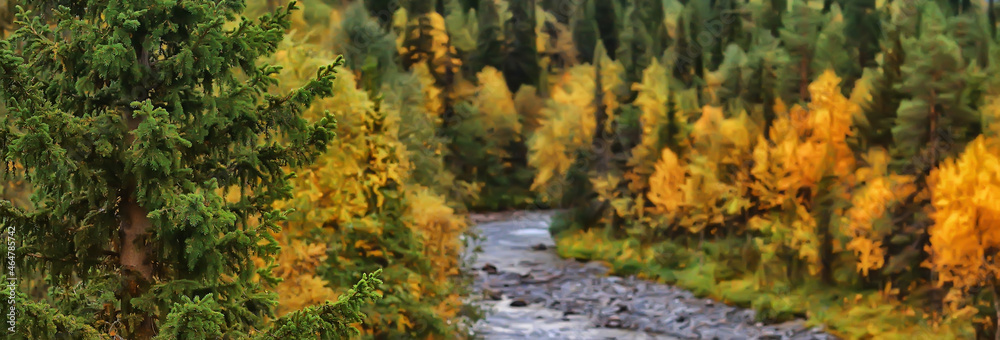 autumn forest landscape, abstract background October view in yellow trees, fall nature