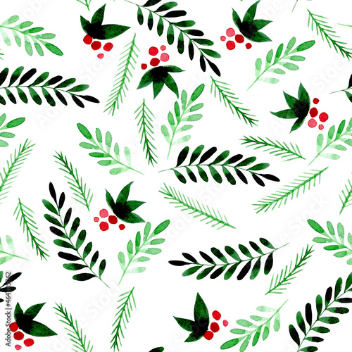 simple watercolor pattern for christmas, new year. cute green leaves and berries isolated on white background. © Татьяна Гончарук