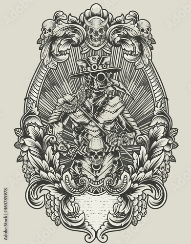 illustration plague doctor robotic style with vintage engraving ornament