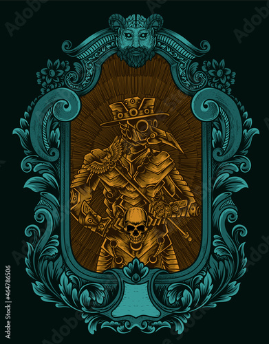 illustration plague doctor robotic style with vintage engraving ornament