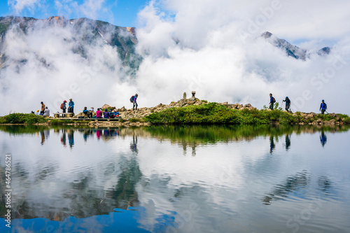 The Hakuba Mountains reflected on the surface of Happo Pond.