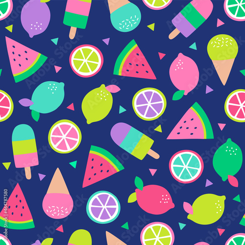 Colorful tropical fruit and dessert seamless pattern background.