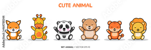 kids themed illustration with cute animal characters - giraffe, panda, bear, tiger, lion, and fox animal sitting with a happy expression and smiling.