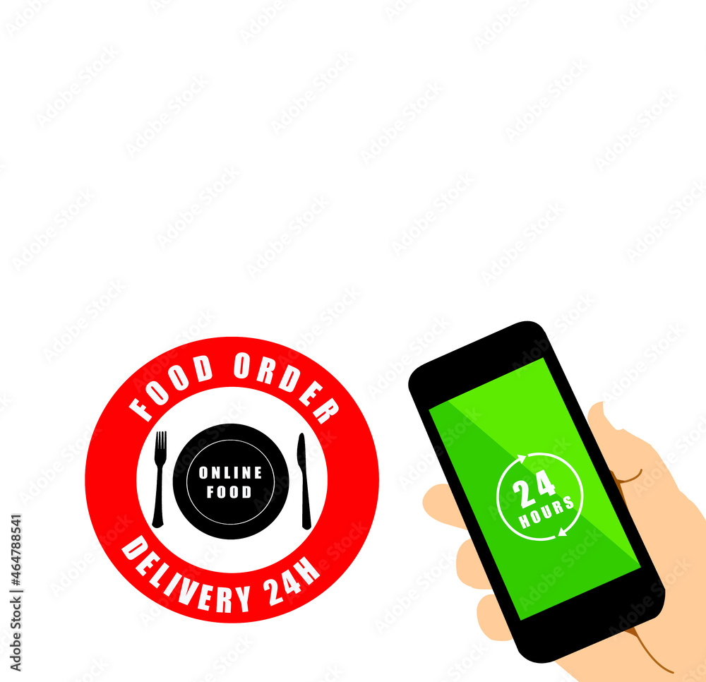 Young man with mobile phone ordering food online 24 hours with online food icon, Young man with mobile phone ordering food online 24 hours with online food icon,