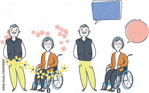 車椅子に座る妻と寄り添う夫のシニアカップル　セット　イラスト素材
