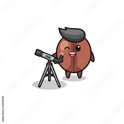 coffee bean astronomer mascot with a modern telescope