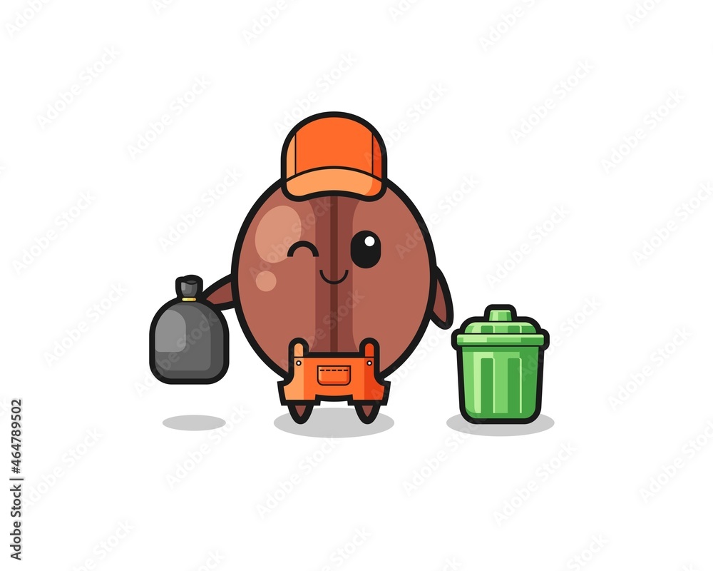 the mascot of cute coffee bean as garbage collector