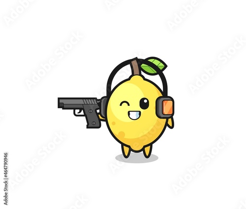 illustration of lemon cartoon doing shooting range