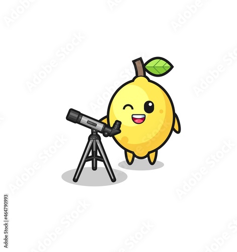 lemon astronomer mascot with a modern telescope